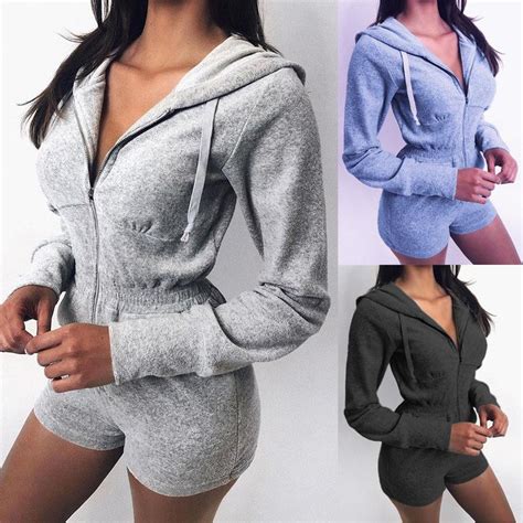 Buy Women Fashion Solid Color Long Sleeve Hooded Casual Playsuit