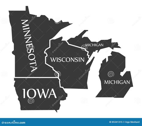 Minnesota - Iowa - Wisconsin - Michigan Map Labelled Black Stock ...