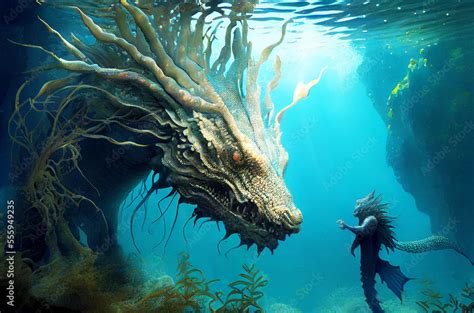 Fantasy digital art illustration, Sea dragon monster underwater 3D ...