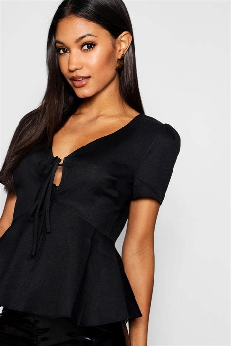 Lyst Boohoo Connie Tie Front Peplum Tea Blouse In Black