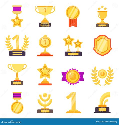 Awards Icons Trophy Medal Prize With Ribbons For Winners Vector Flat