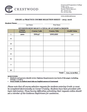 Fillable Online Crestwood On Grade Practice Course Selection Sheet