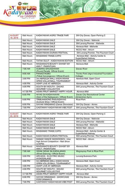 DAVAO CITY S KADAYAWAN FESTIVAL 2016 Official Schedule Of Activities