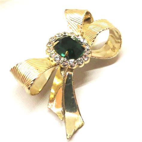 Green Rhinestone Bow Brooch Vintage Coro Signed Gold Tone Etsy