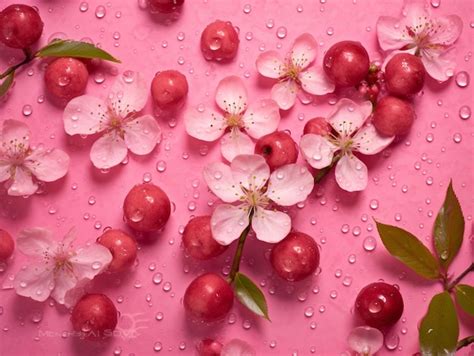 Premium AI Image A Close Up Of A Bunch Of Cherries On A Pink Surface