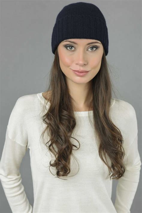 Pure Cashmere Plain And Ribbed Knitted Beanie Hat In Navy Blue