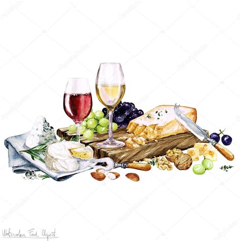 Watercolor Food Cheese Board And Wine Stock Photo By Nataliahubbert