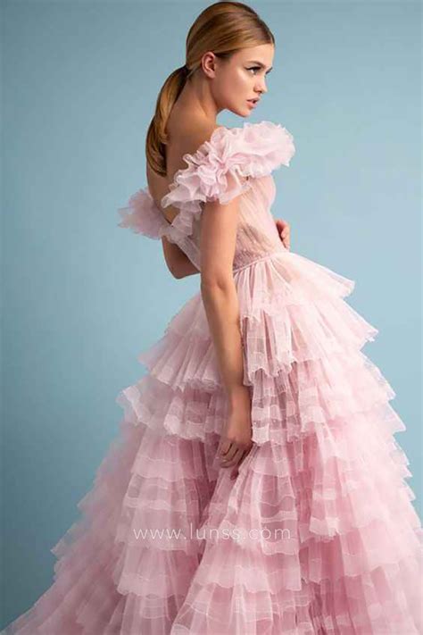 Charming Ruffled Off Shoulder Tiered Pink Birthday Dress Lunss