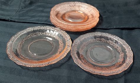 Set Of Six Pink Depression Glass Saucers By Federal Glass Co Bouquet And Lattice Pattern