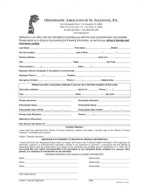 Fillable Online New Patient Forms Orthopaedic Associates Of St