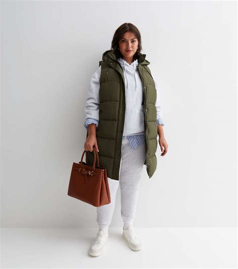 Curves Khaki Hooded Midi Puffer Gilet New Look