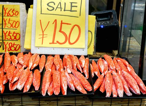 Closeup Crab Sticks And King Crab Legs Meat With Price Tag In Japanese