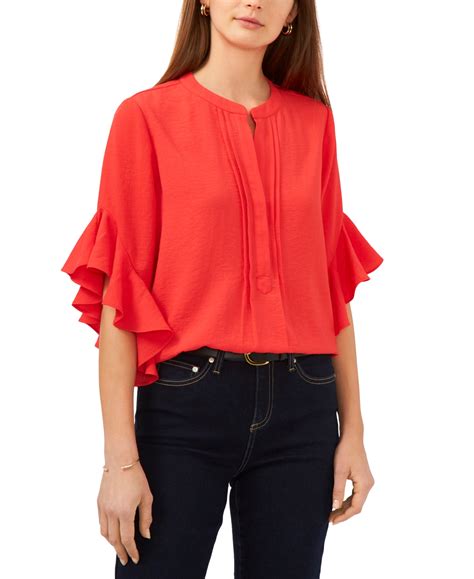 Vince Camuto Plus Size Ruffle Sleeve Henley Blouse In Radient Red Modesens