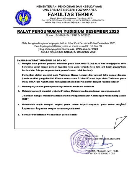 Pengumuman Yudisium Ft Uny Periode Desember 2020 Program Studi Ilmu