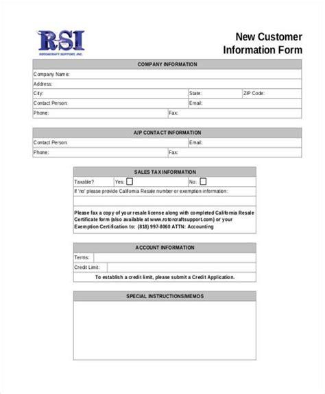 New Customer Information Form Template Hq Printable Documents Images