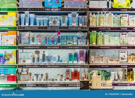 Cosmetics And Skincare Products On A Store Shelf In Sephora Shop