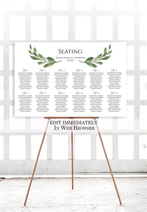 Greenery Wedding Seating Chart Template Branch Seating Chart