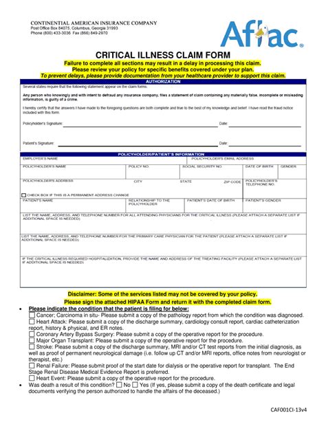 Fillable Online Critical Illness Claim Form Aflac Fax Email Print