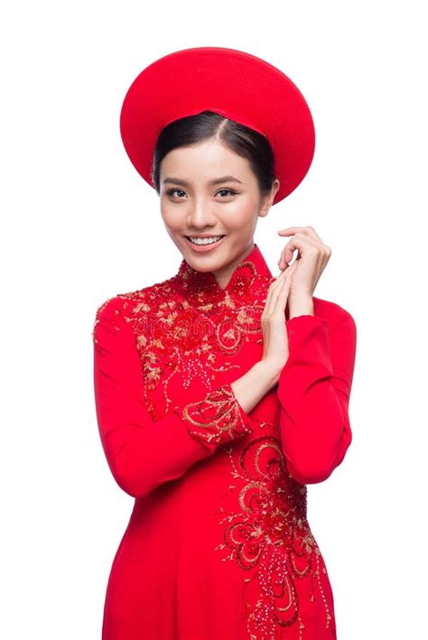 Charming Vietnamese Bride In Red Ao Dai Traditional Dress With H Stock