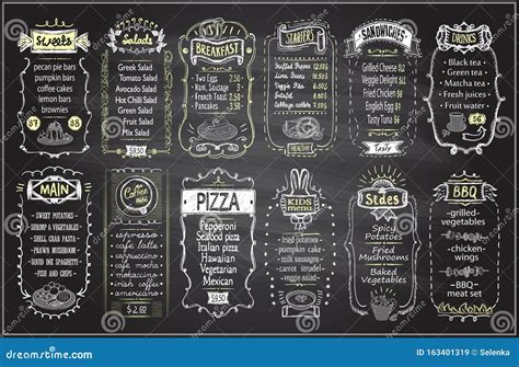 Chalk Menu Set On A Blackboard Sweets Salads Breakfast Starters