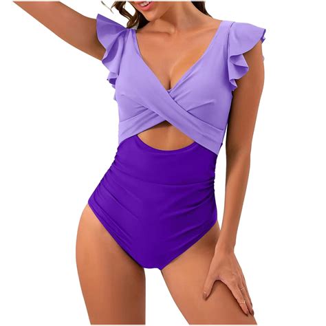 Vsssj Womens Bikini Swimsuits Ruffle Cross Wrap V Neck Sexy Cutout One Piece Bathing Suits