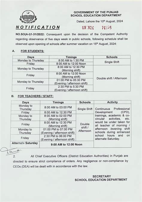 New School Timing after Summer Holidays 2024