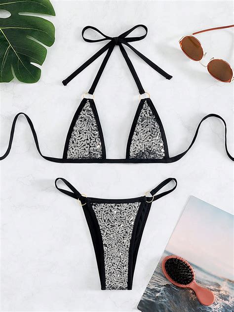 Shein Swim Y Glam Contrast Binding Sequin Halter Triangle Bikini