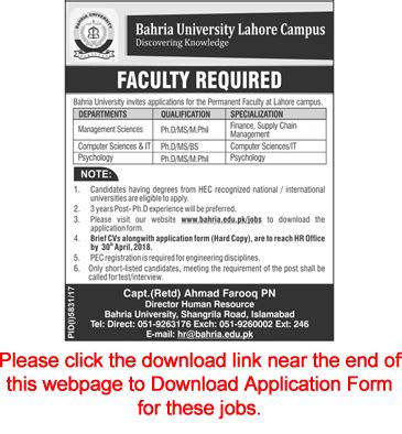 Bahria University Lahore Jobs April 2018 Teaching Faculty Application