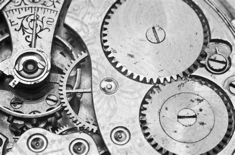 Black And White Macro Photo Close Up View Of Metal Clockwork Stock