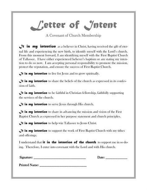 Pdf Letter Of Intent Baptist Start · Letter Of Intent A Covenant Of Church Membership It Is