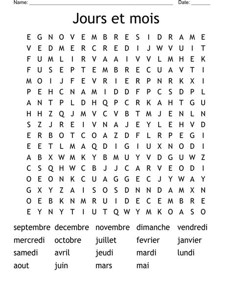 Jours Et Mois Word Search WordMint