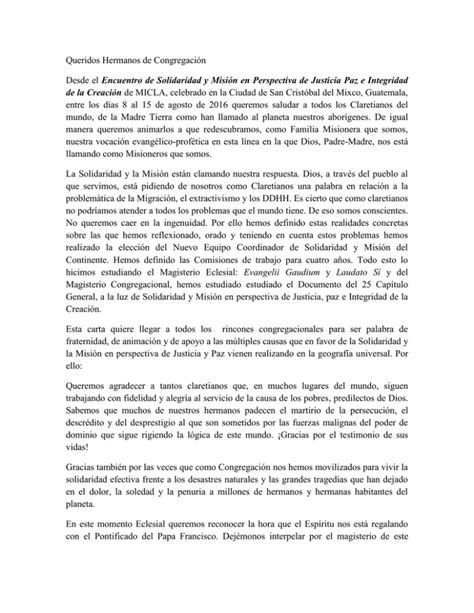 Carta A La Congregaci N Misioneros Claretianos De M Xico