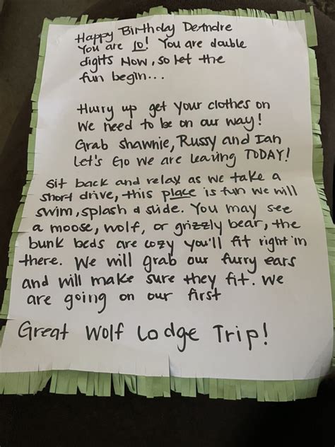 A Piece Of Paper With Writing On It That Says Great Wolf Lodge Trip