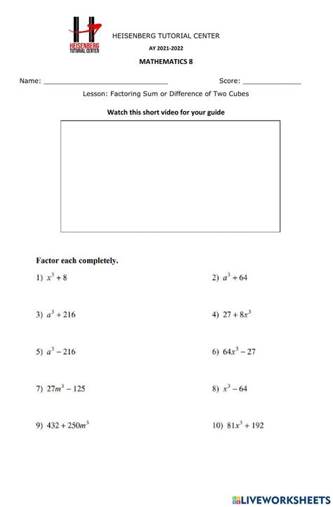 Factoring Sum or Difference of Two Cubes worksheet | Live Worksheets ...