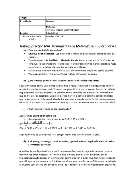 TP Nº4 Herramientas de Matemática III Estadistica I TP Nº Estudiante