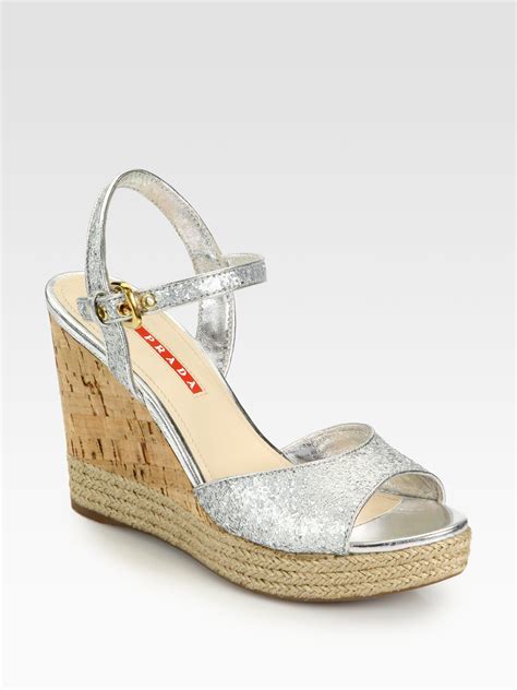 Prada Glitter Cork Wedge Sandals In Metallic Lyst