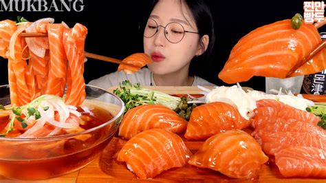 기분이 연어할 땐 연어파티🧡대왕연어초밥 연어국수 연어회 먹방 Salmon Noodles And Sushi Koreanfood