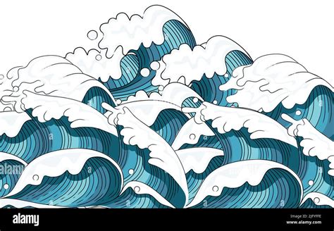 Hand drawn style Tsunami wave big blue sea wave in sketchy style vector ...