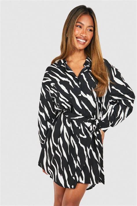 Zebra Batwing Belted Shirt Dress Boohoo Uk