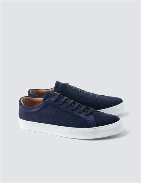 Suede And Leather Mens Trainers With Rubber Outsole In Navy Hawes And Curtis Usa