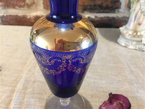 Vintage Czech Bohemian Cobalt Blue Glass Vase Gilded Hand Etsy