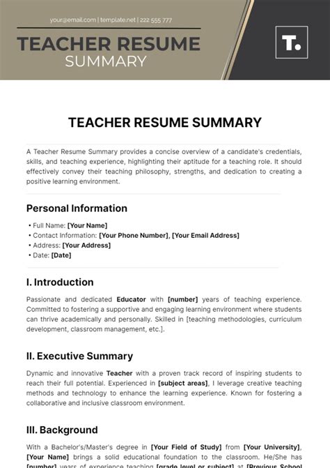 Free Teacher Resume Summary Template Edit Online And Download