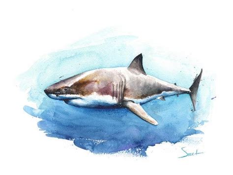 SHARK PAINTING watercolor shark art great white shark