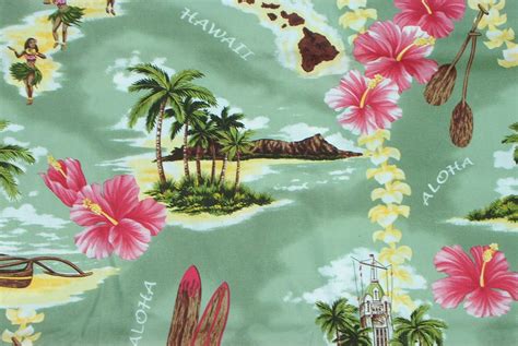 Marianne Of Maui Hawaiian Quilting Fabric Hawaiian Scenes On Green