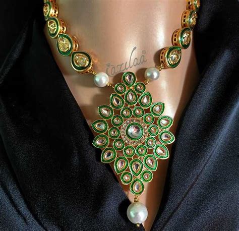 Statement Green Enamel Kundan Pearl Necklace Set At ₹2950 Azilaa