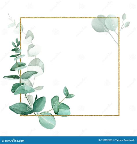 Golden Glitter Frame With Watercolor Eucalyptus Leaves Isolated On