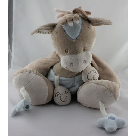 Grand Doudou Poney Cheval Beige Bleu Hochet Miroir Nattou