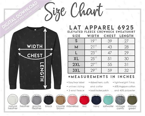 Semi Editable Lat Apparel Size Color Chart Lat Elevated Fleece