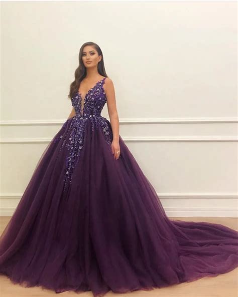 Gorgeous Deep V Neck Purple Prom Dress With Appliqued Beading Ball Gowns Saudi Arabia Evening