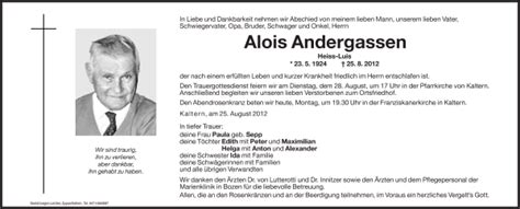 Traueranzeigen Von Alois Andergassen Trauer Bz